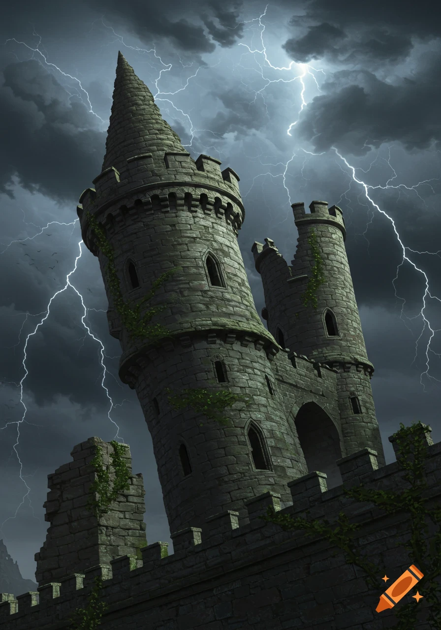A crooked stone castle with multiple towers under a dark, stormy sky with lightning bolts.