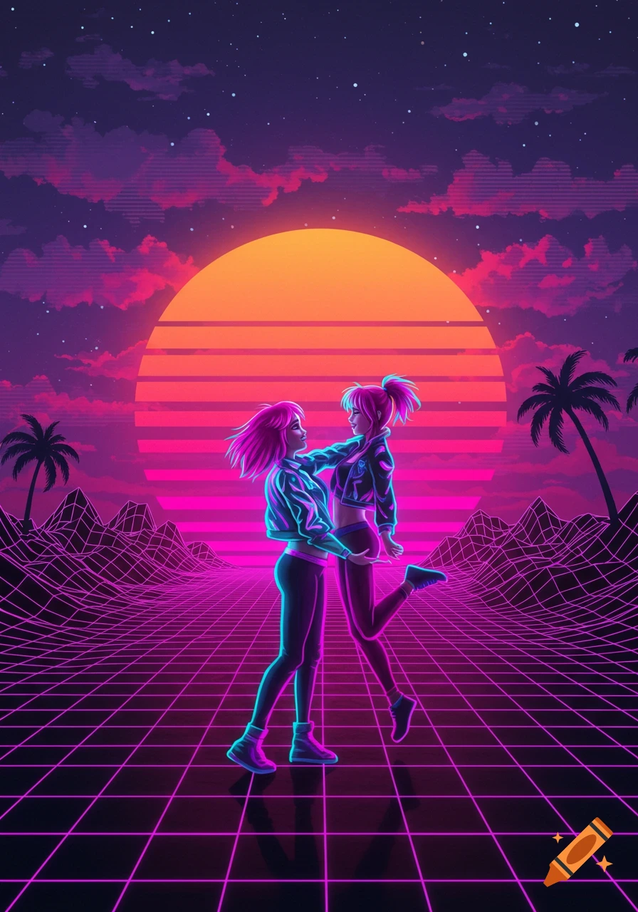 Two anime-style girls stand on a neon grid landscape with palm trees against a retro synthwave sunset.