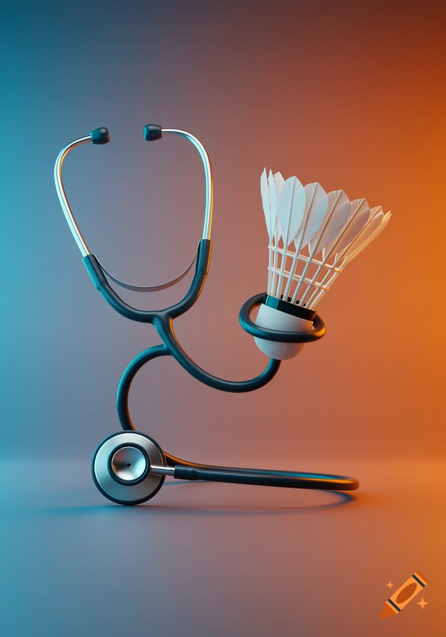 A black stethoscope wrapped around a white badminton shuttlecock, set against a blue and orange gradient background.
