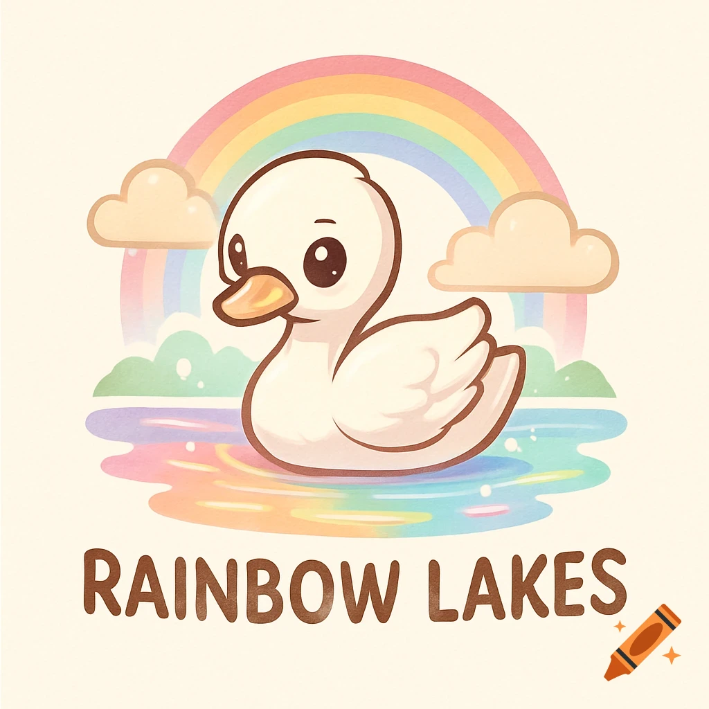 A cute cartoon duck floats on rainbow-colored water under a rainbow and clouds, with 'RAINBOW LAKES' text below. Logo style.