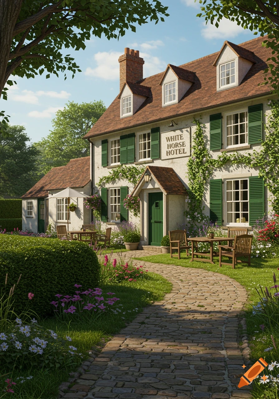 Photorealistic image of a quaint White Horse Hotel with green shutters and ivy, surrounded by a lush garden with a cobblestone path.