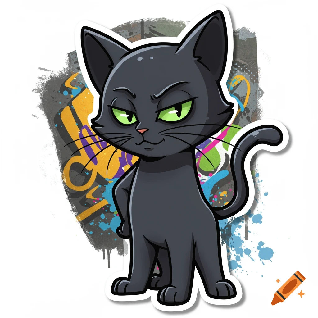 A sassy dark grey cartoon cat with bright green eyes stands against a colorful graffiti background.