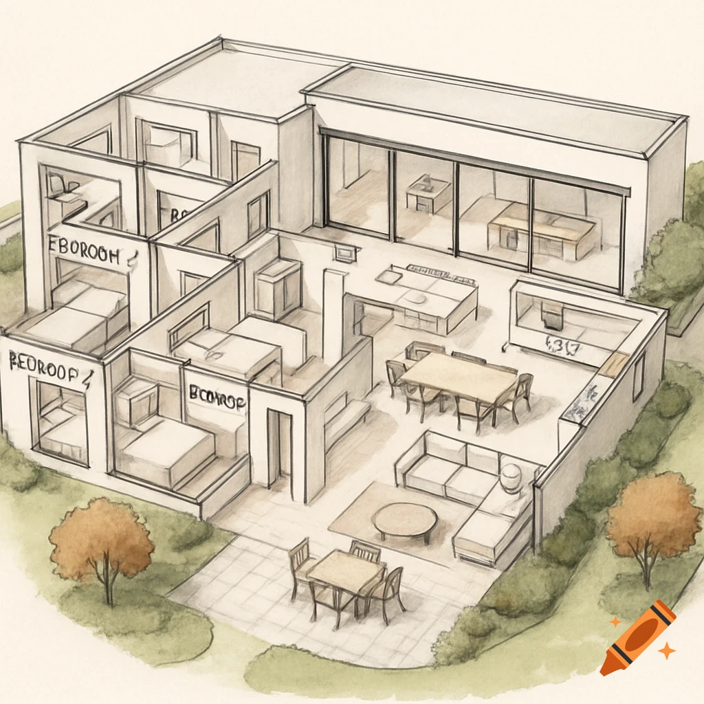 Overhead architectural sketch of a multi-bedroom house plan with furniture and outdoor patio, in a watercolor style.
