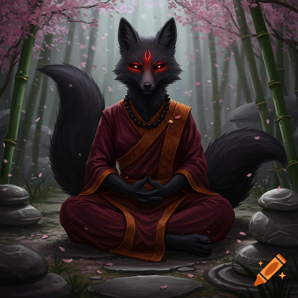 A black furry fox-like creature in red monk robes meditates in a bamboo forest with pink cherry blossoms.