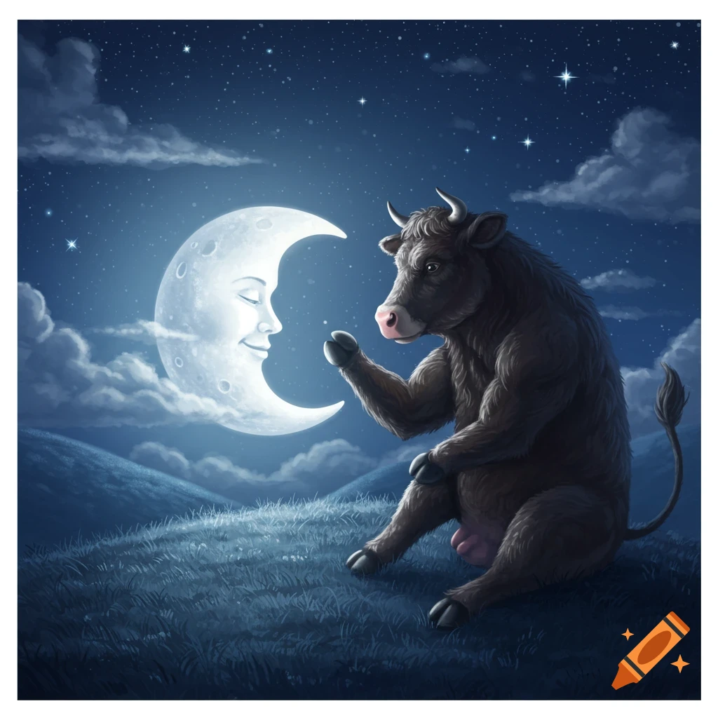 A stylized cow sits on a grassy hill, reaching towards a crescent moon with a face, under a starry night sky.