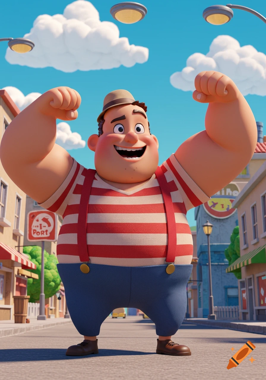 A cheerful, muscular cartoon man with a big smile flexes in a vibrant town square.