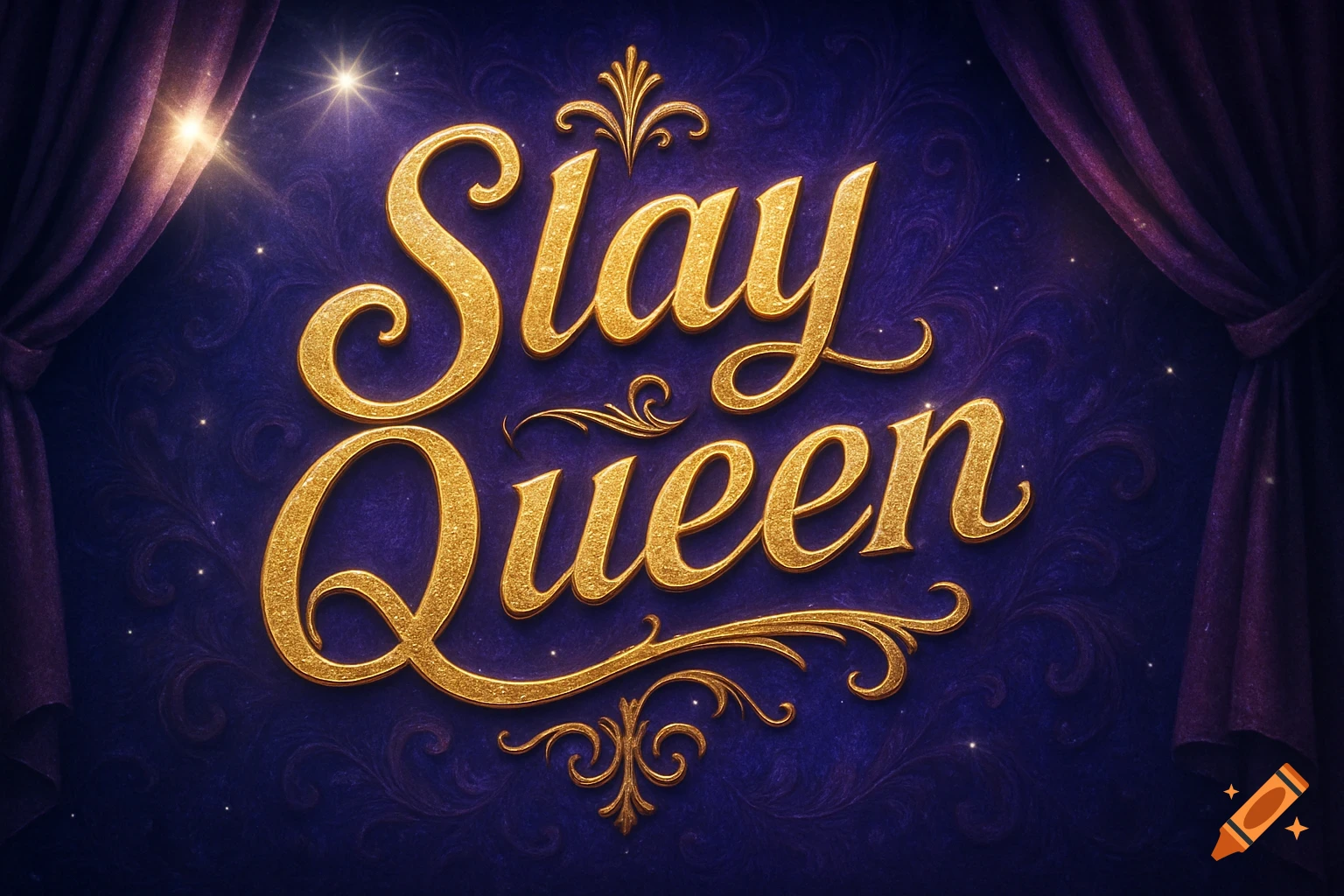 Golden glittery text 'Slay Queen' on a dark blue patterned background framed by purple velvet theater curtains.
