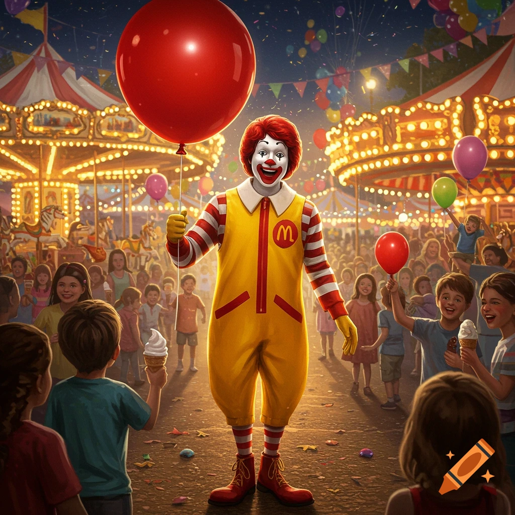 Ronald McDonald stands in a vibrant carnival at night, holding a large red balloon, surrounded by excited children and bright carnival lights.