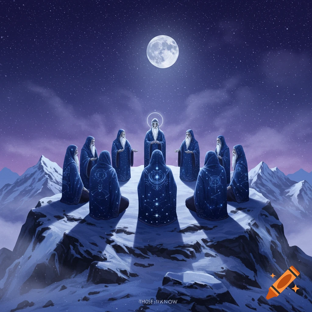 A group of robed figures with long beards gathered in a circle on a snowy mountain peak under a large full moon and a starry night sky.