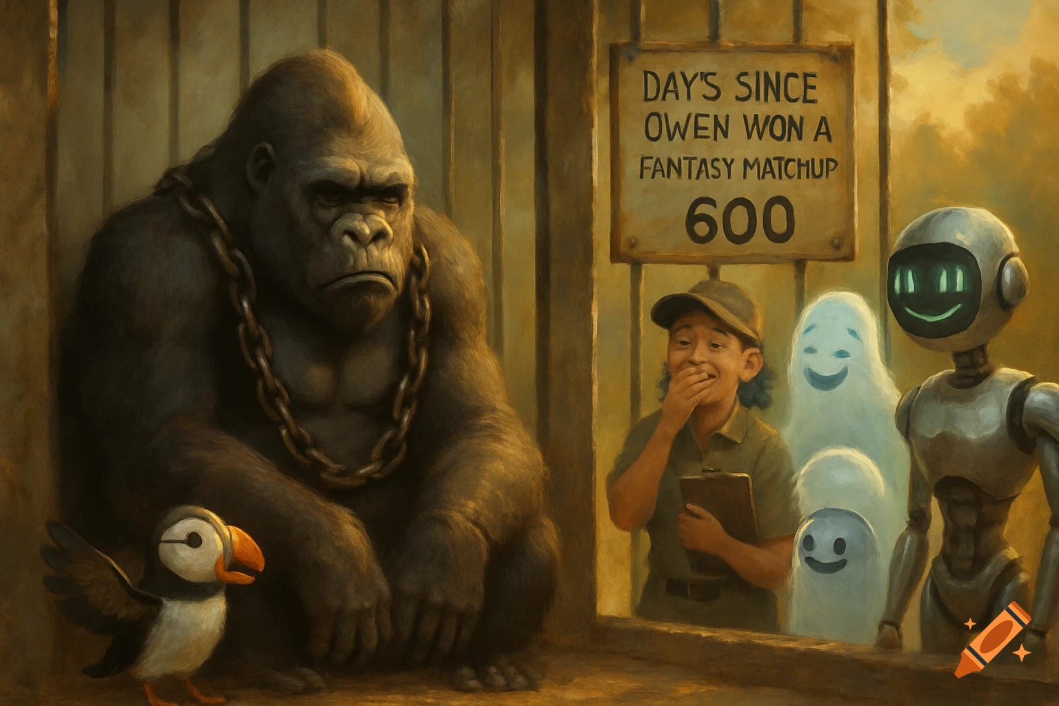 A chained gorilla looks sad in a zoo cage, observed by a laughing boy, two ghosts, a robot, and a puffin. A sign reads 'DAY'S SINCE OWEN WON A FANTASY MATCHUP 600'.