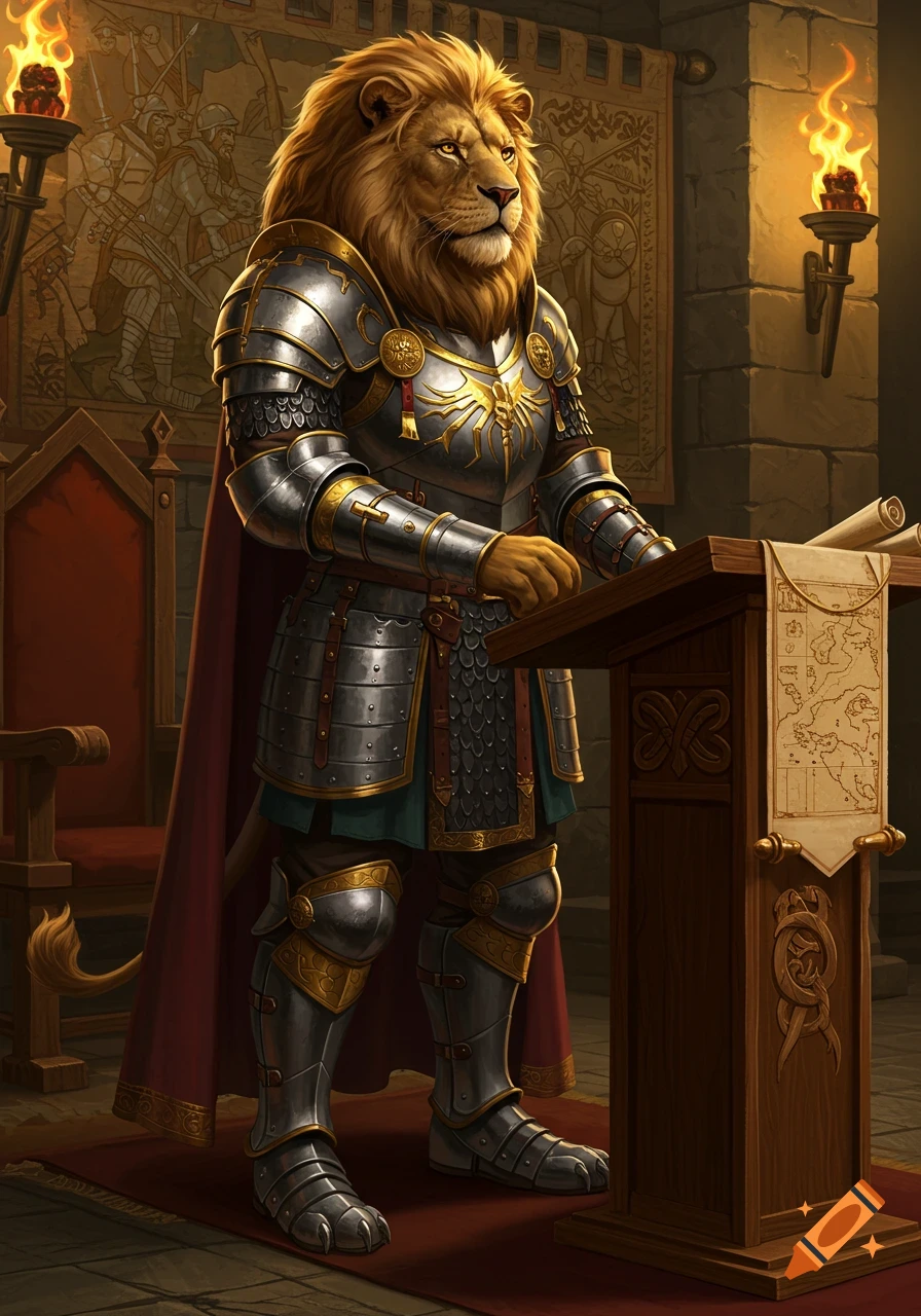 A majestic anthropomorphic lion warrior in silver and gold armor stands at a wooden lectern in a hall.