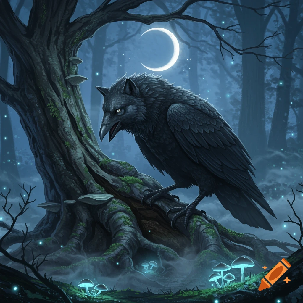 A dark mythical creature with a raven's body and a wolf's head and claws perches on a tree root in a glowing, moonlit forest.