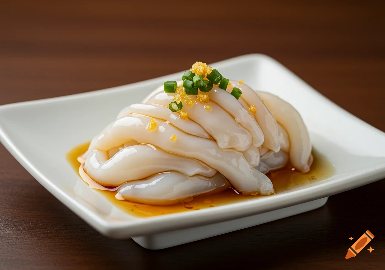 A serving of shirako (fish milt) garnished with green onions and ginger, on a white plate with sauce, on a wooden table.