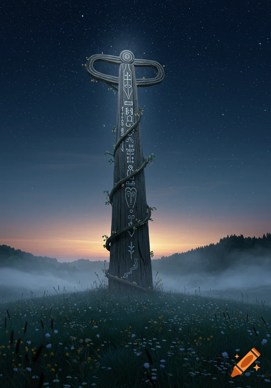 A tall, dark, ancient-looking wooden pole with glowing white symbols and vines, standing in a misty field under a starry night sky with a sunset glow.