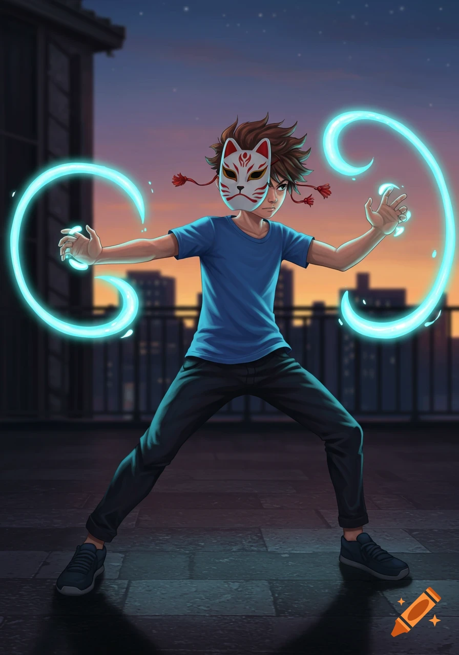 An anime boy in a white Japanese cat mask and blue shirt generates glowing blue energy from his hands on a rooftop at dusk.