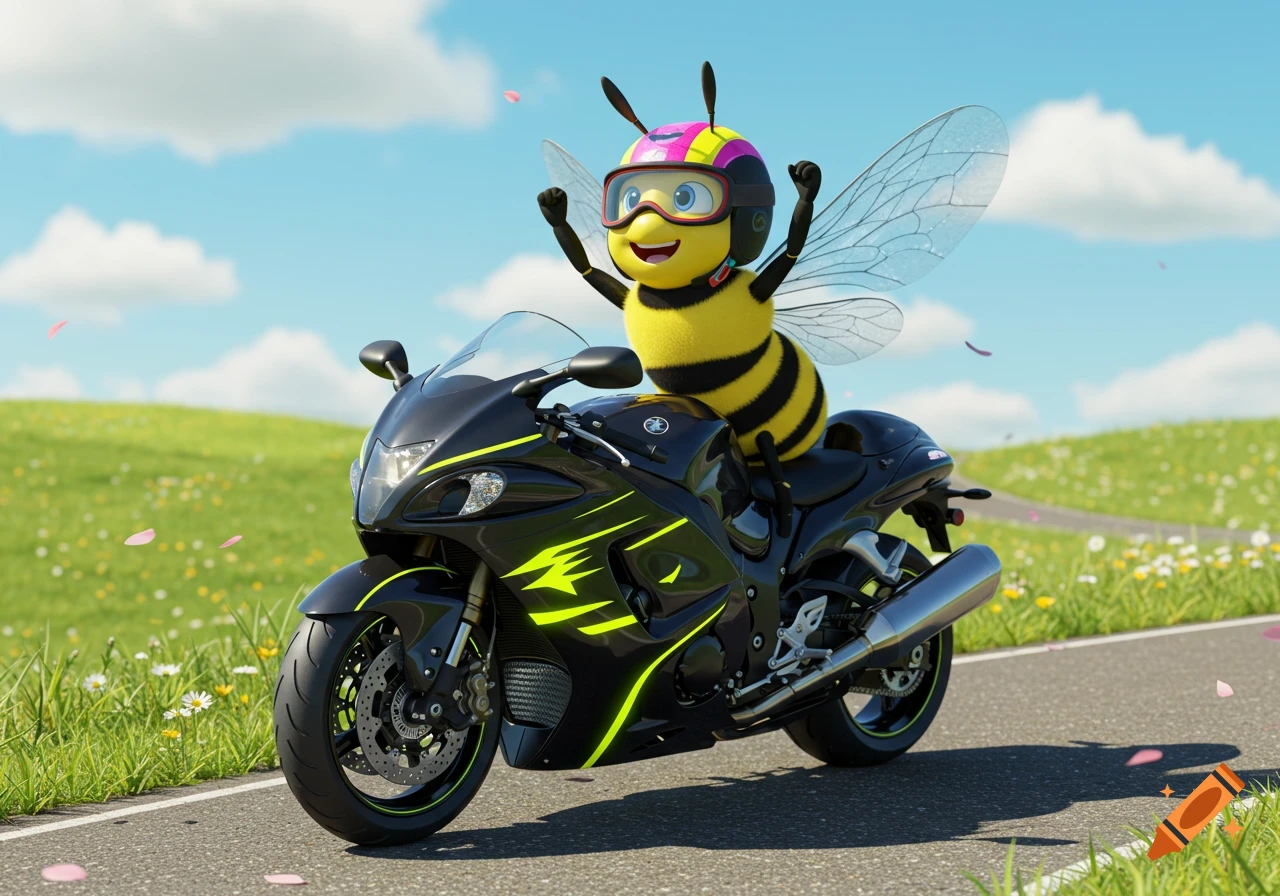 A cheerful cartoon bee in a pink helmet and goggles rides a sleek black and neon green sport motorcycle down a paved road, surrounded by green fields and a blue sky.