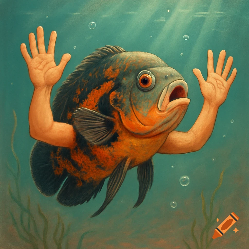 A surprised Oscar fish with human arms raised underwater, surrounded by bubbles and plants.