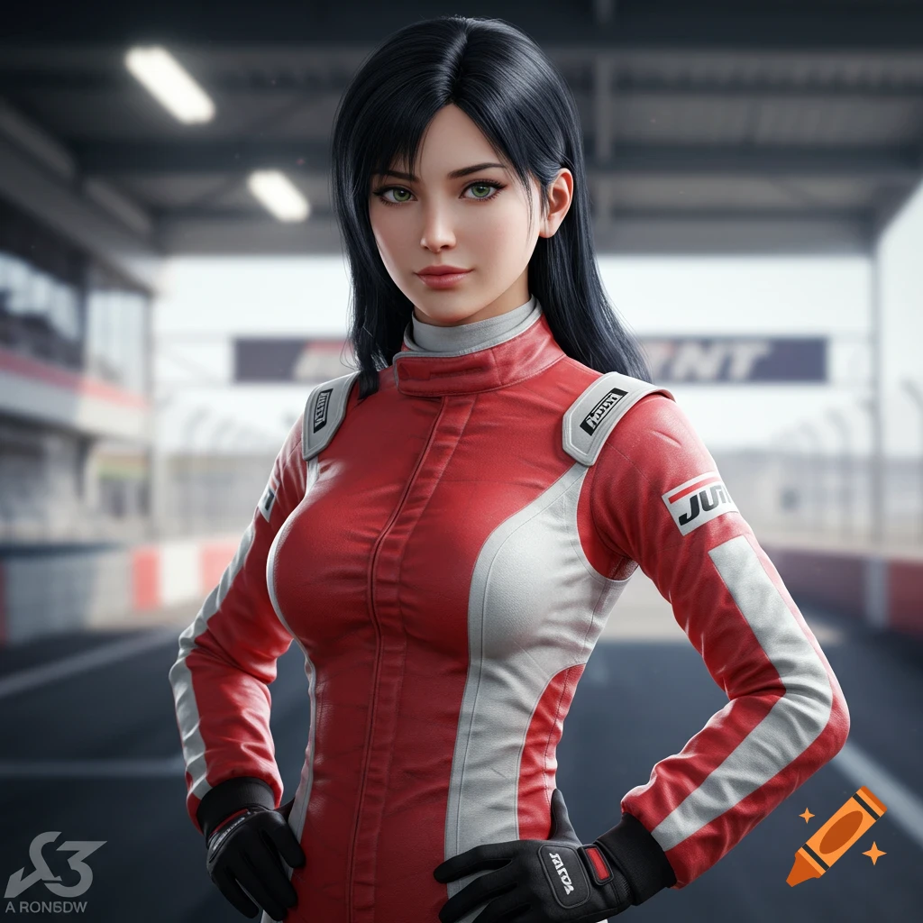 A photorealistic digital art portrait of a woman in a red and white racing suit on a race track.