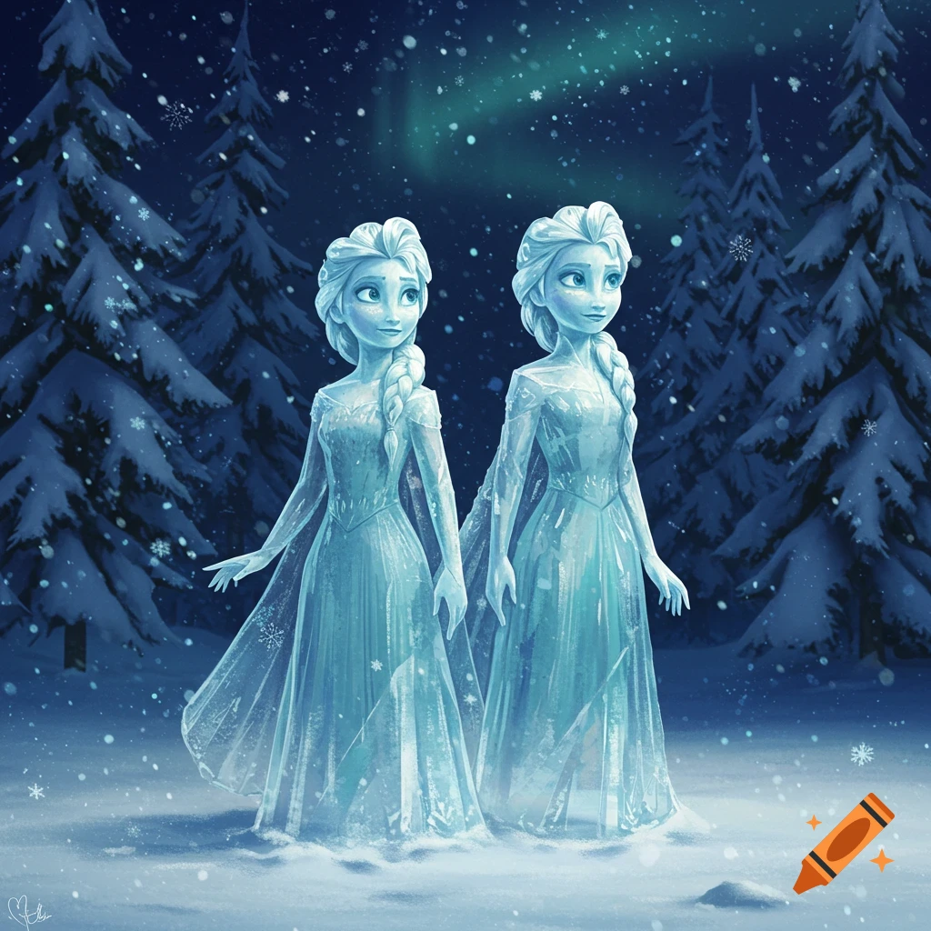 Two ice statues resembling Elsa from Frozen stand in a snowy winter forest under the northern lights. Illustrated.