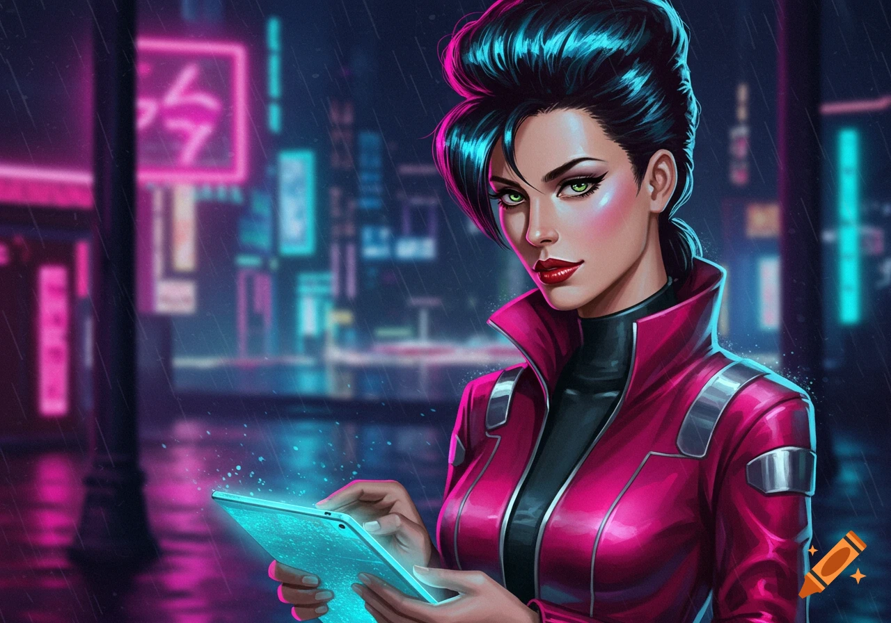 An illustrated woman with a bouffant hairstyle and green eyes holds a glowing tablet in a rainy, neon-lit cyberpunk city.