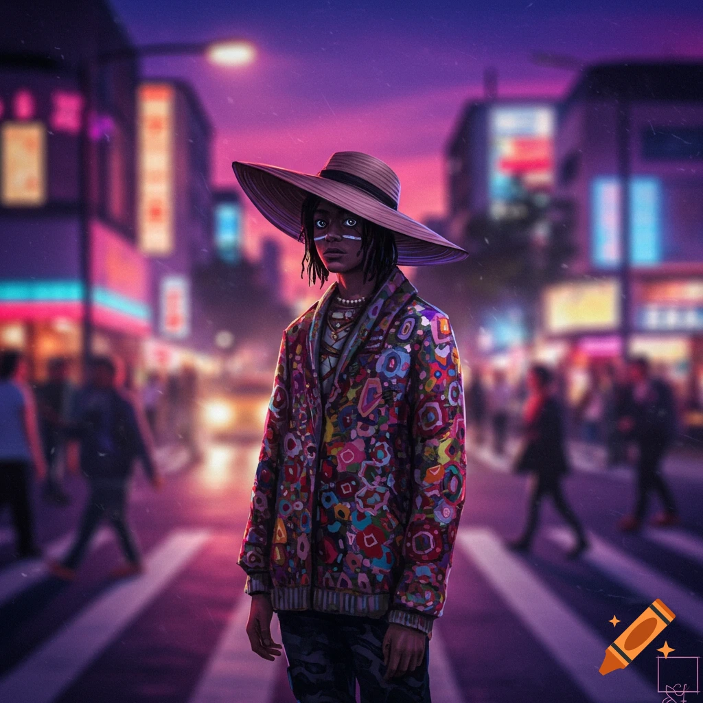 Digital art: A person in a wide-brimmed hat and colorful jacket on a city crosswalk at night, with blurred neon lights.