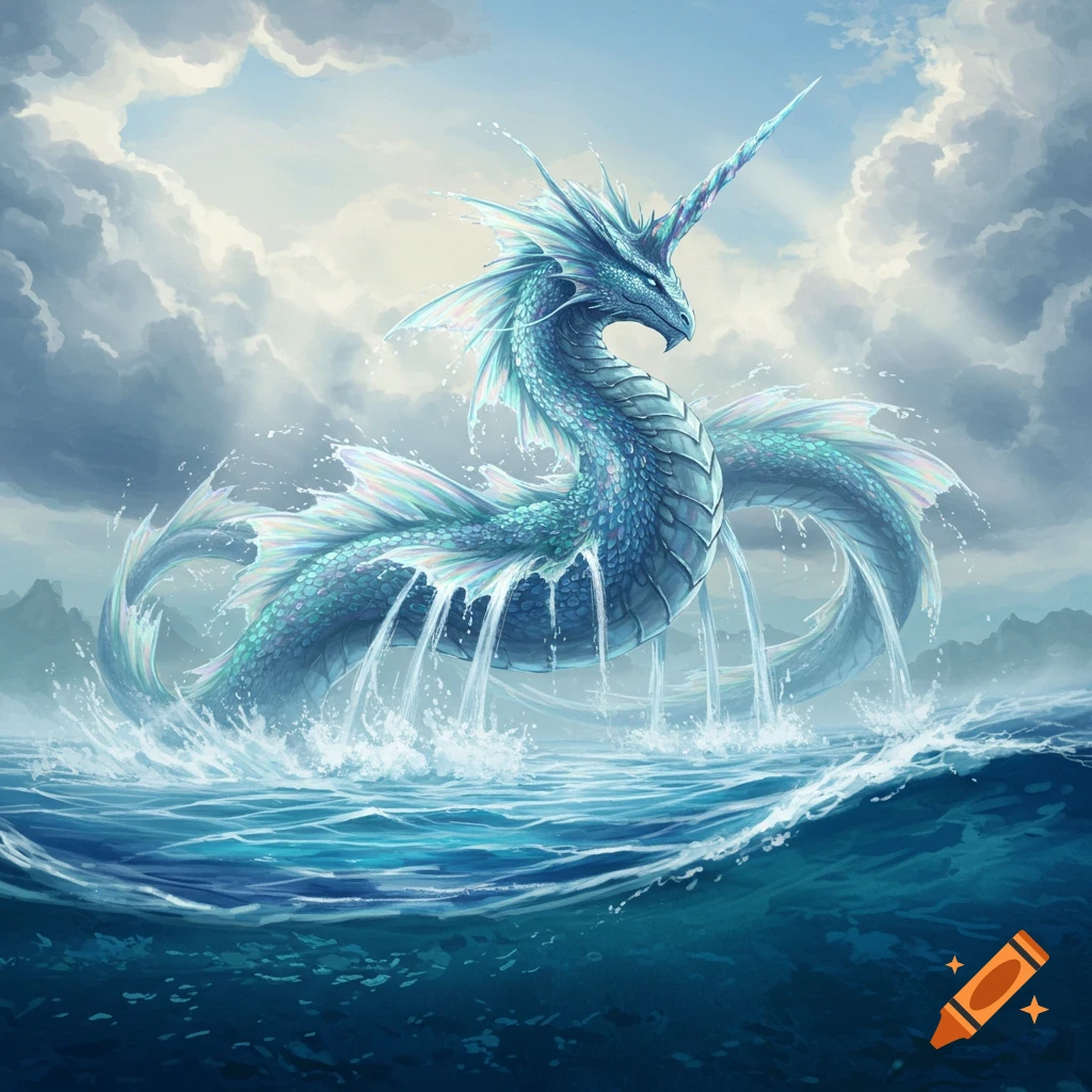 A majestic blue-green water dragon with a horn emerges from a stormy ocean, water streaming from its body under a cloudy sky.