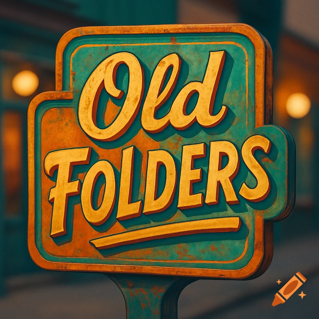 A close-up of a vintage-style sign that says 'Old FOLDERS' in yellow and orange letters on a teal and orange background.
