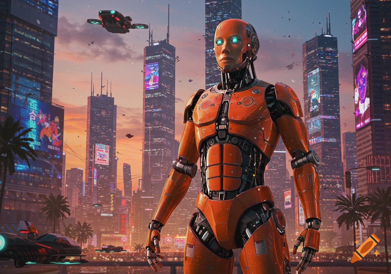 A photorealistic image of an orange and gray robot standing in a futuristic city at sunset, with tall buildings, flying vehicles, and neon billboards.