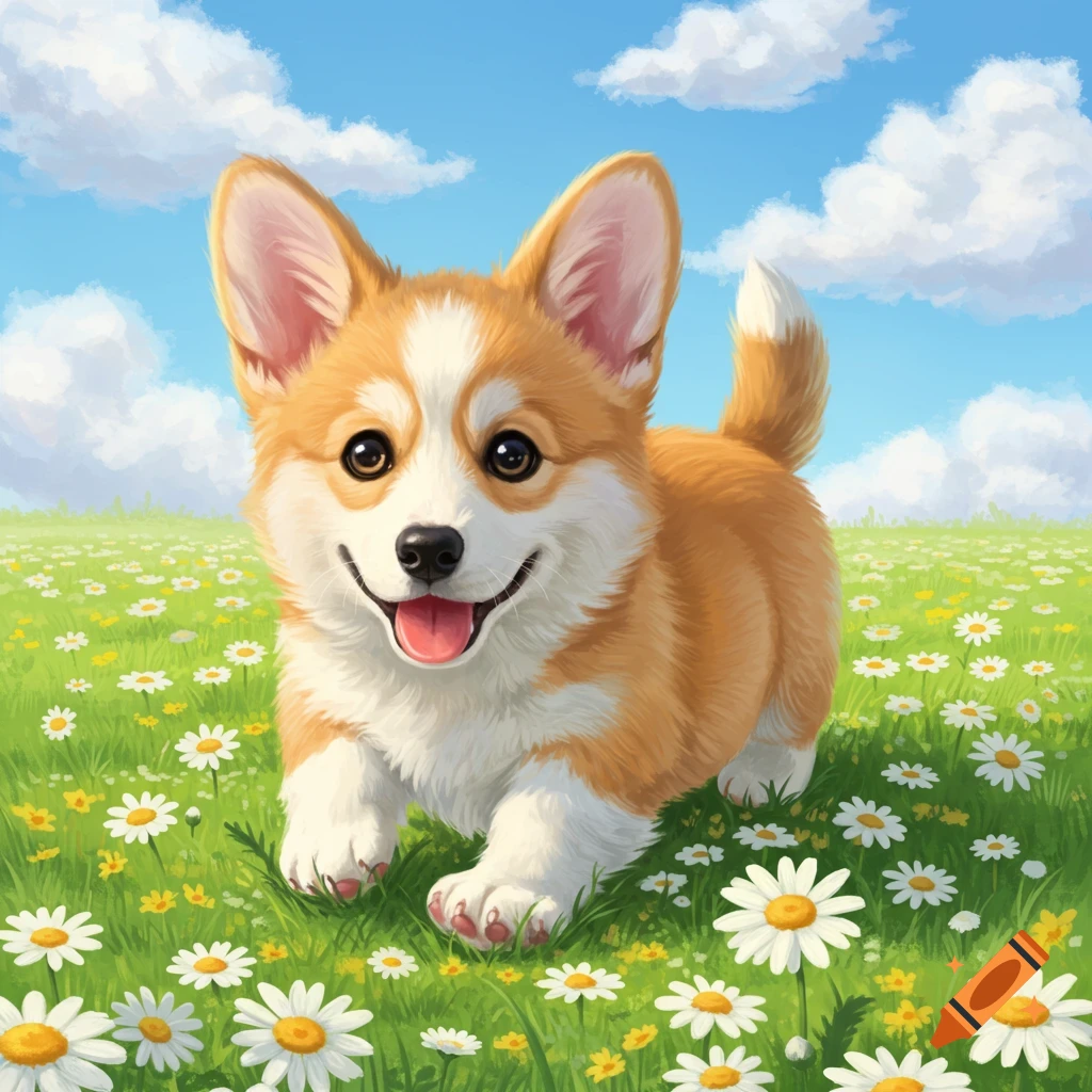 A cute, happy baby corgi puppy runs through a sunny green field filled with white and yellow daisies under a blue sky.