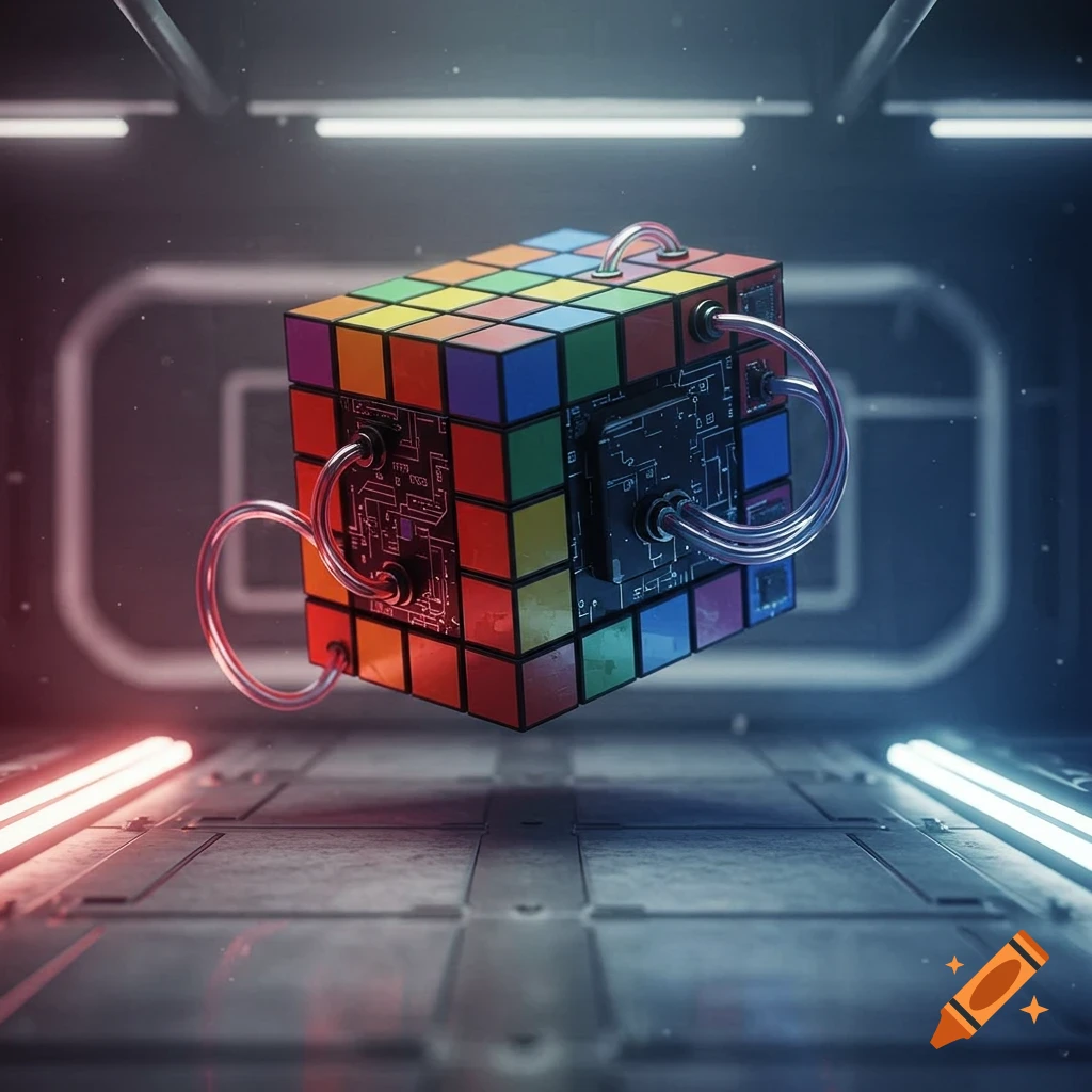 A cybernetic Rubik's Cube with exposed circuit boards and tubes floats in a dark, futuristic room with glowing lights.