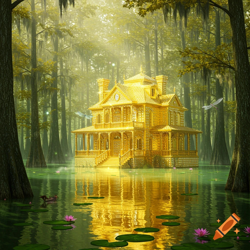 A lavish golden house adorned with diamonds floats in a misty swamp with tall trees and lily pads.