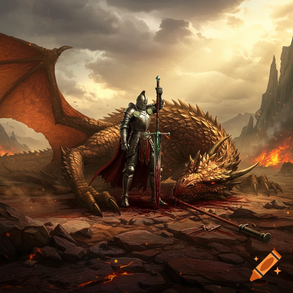 A victorious knight stands over a slain dragon in a desolate, fiery landscape under a dramatic sky. Fantasy art.
