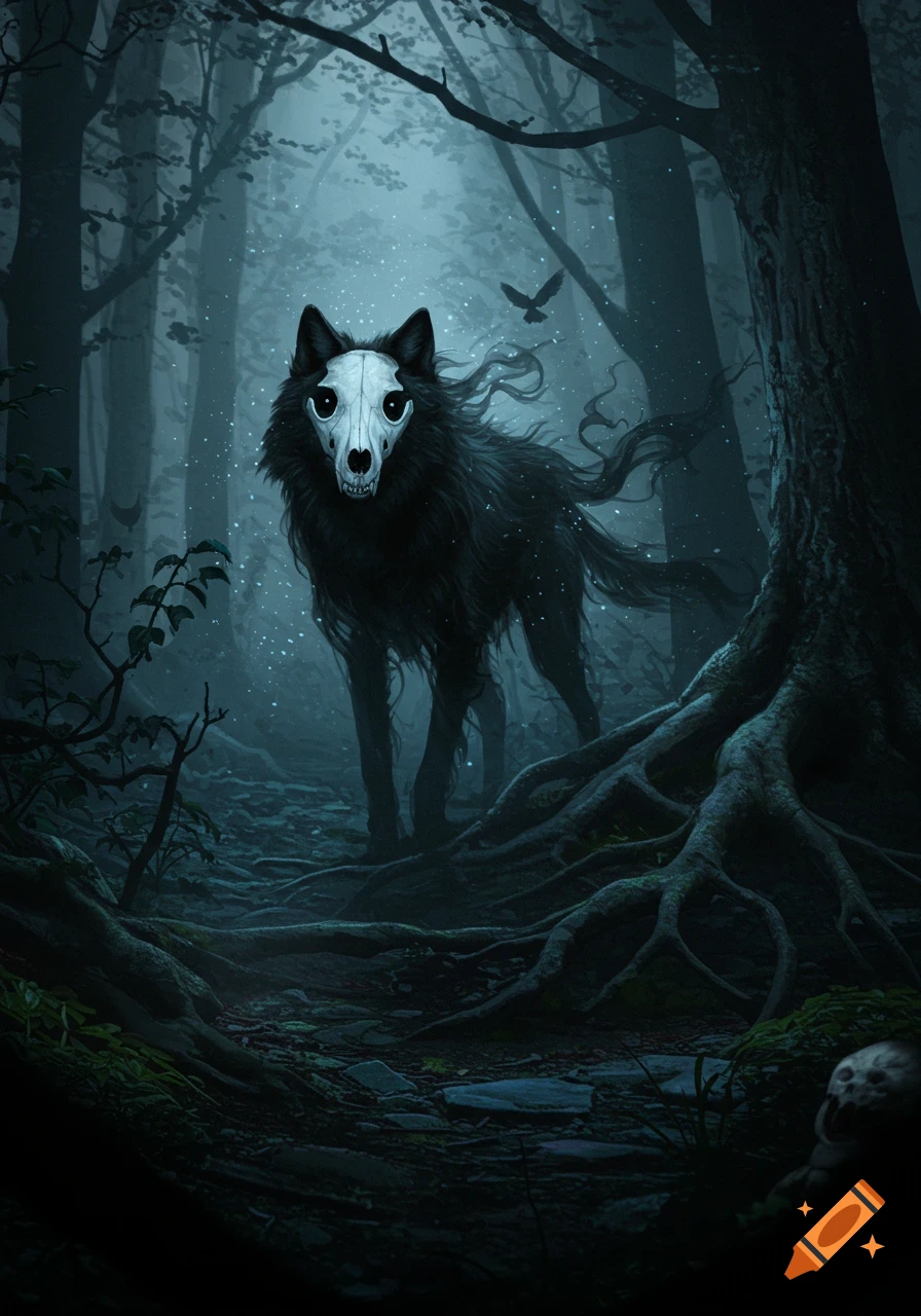 A black, wispy creature with a skull head stands in a dark, misty forest, with glowing specks and roots.