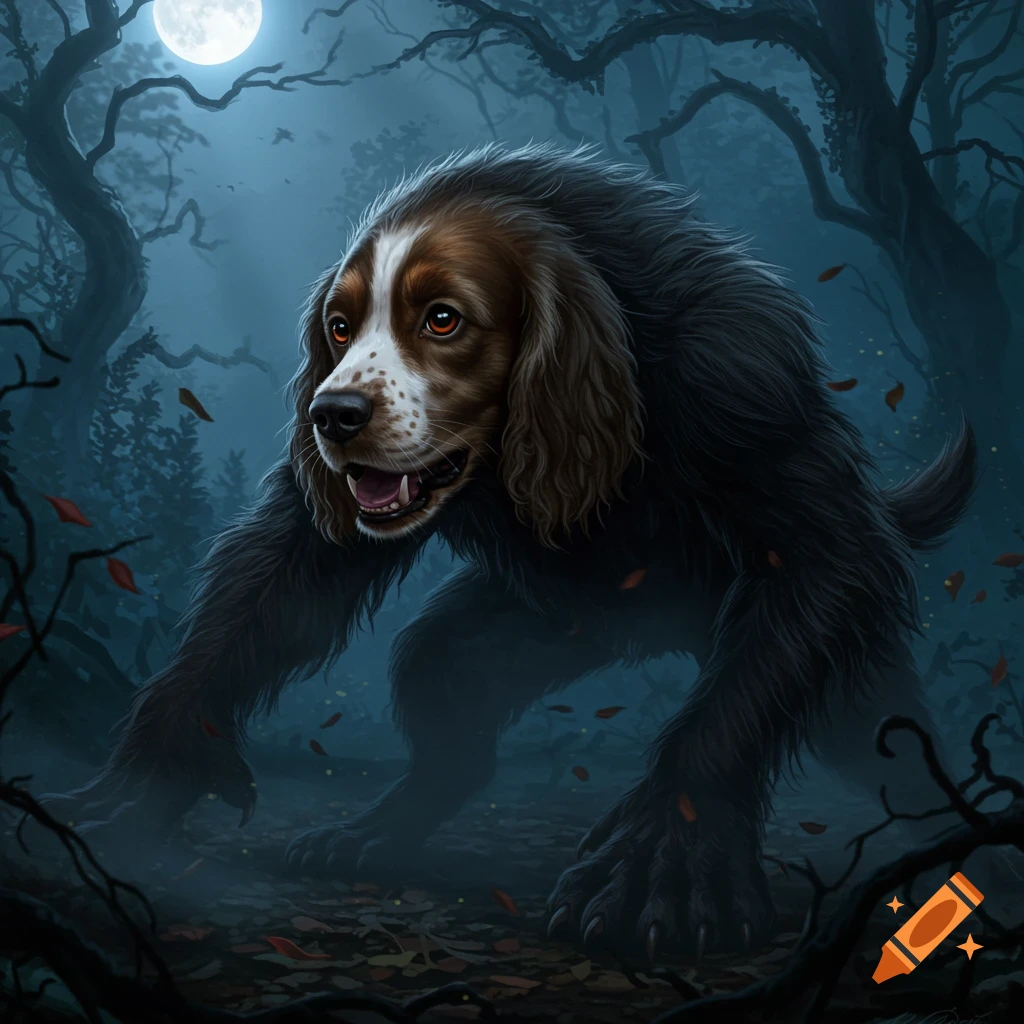 A spaniel-like werewolf creature with brown and white fur stands in a dark, misty forest under a full moon.
