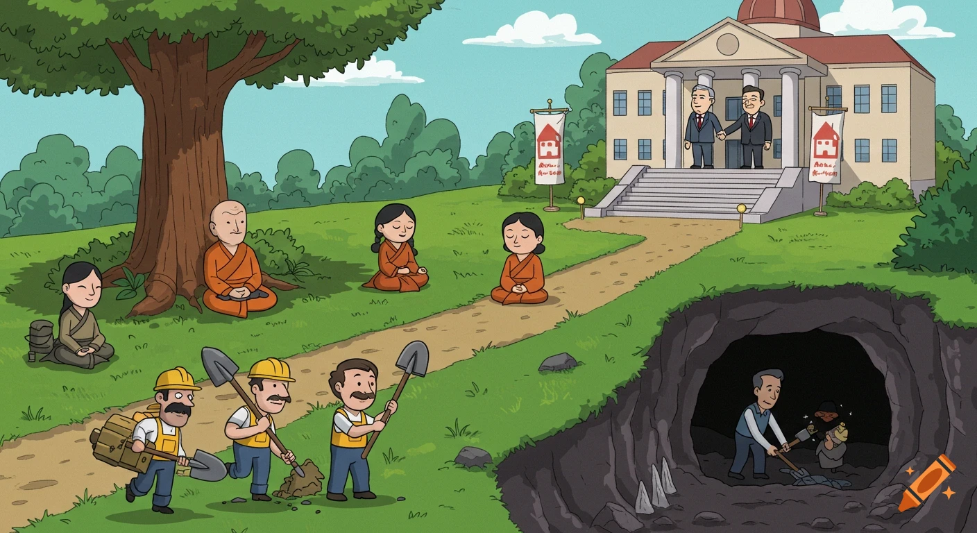 Cartoon landscape showing people meditating under a tree, workers digging on a path, politicians shaking hands outside a government building, and a cave entrance.