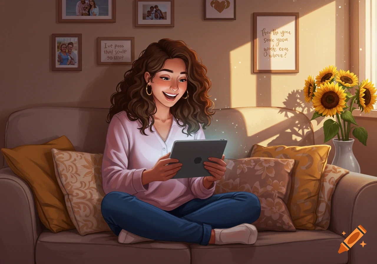 A smiling woman with curly hair sits cross-legged on a couch, holding and looking at a glowing tablet. Sunlit sunflowers are in the background.