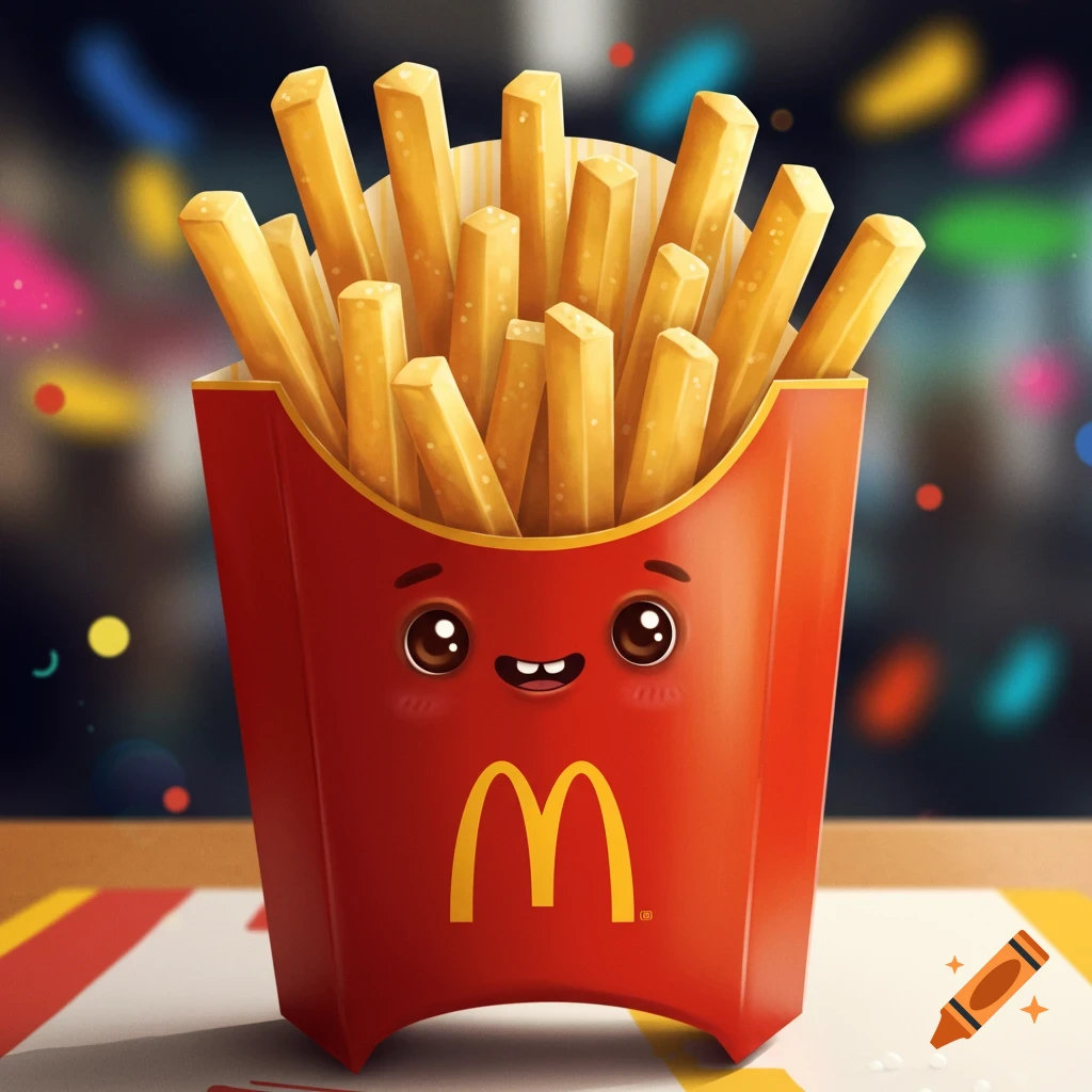 A cute, happy McDonald's french fry carton with big eyes and a smile, filled with golden fries, in a cartoon style.