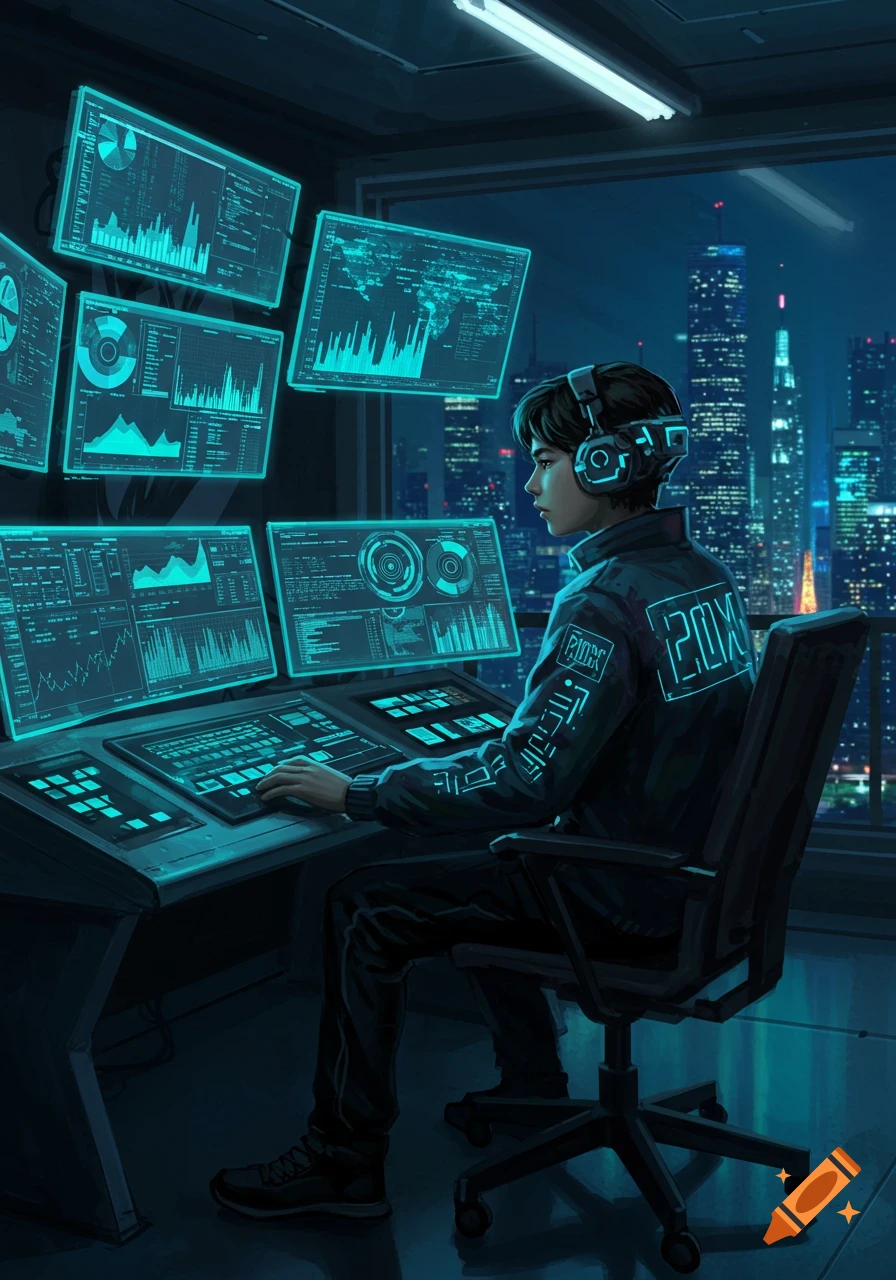 A young person wearing headphones sits at a multi-monitor computer station, viewing glowing blue data screens, with a futuristic city skyline visible through a window.