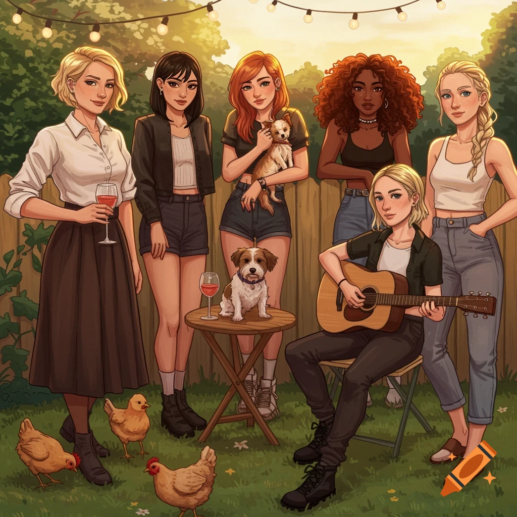 An illustration of six women and three chickens in a backyard at sunset. One woman plays guitar, others hold drinks or dogs.