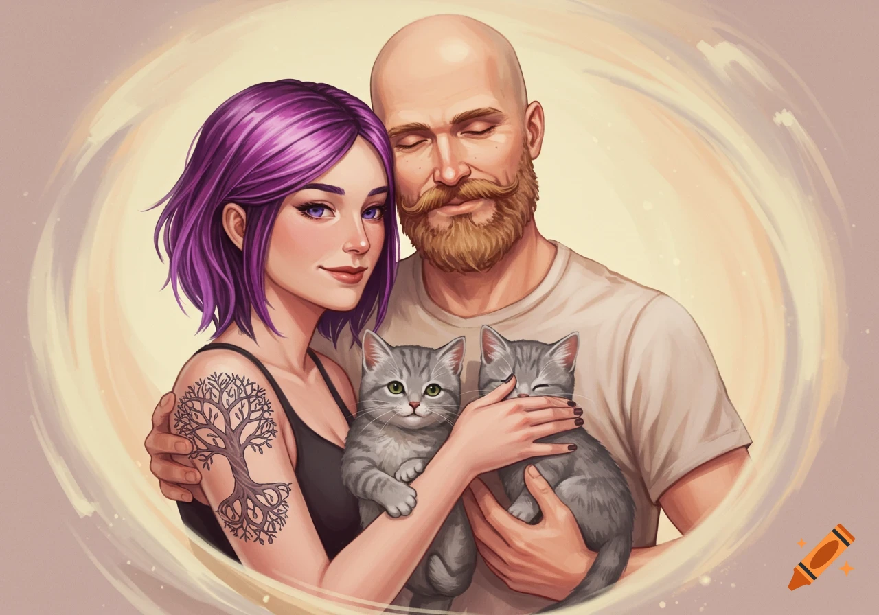 A pastel digital illustration of a couple hugging, holding two gray tabby kittens. The woman has purple hair and a tree tattoo, and the man has a beard.