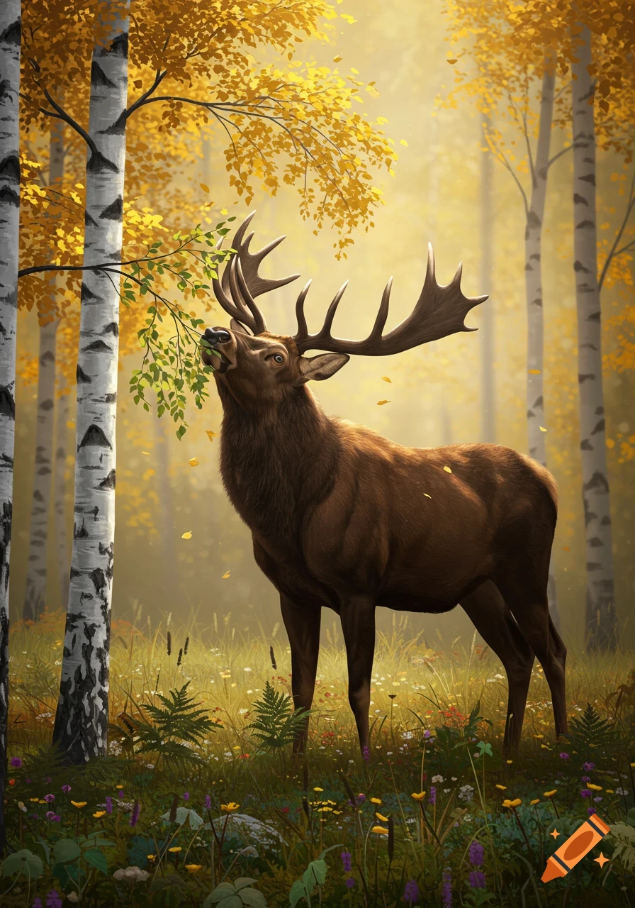 A large brown elk with antlers eats leaves from a birch tree in a sunny autumn forest.