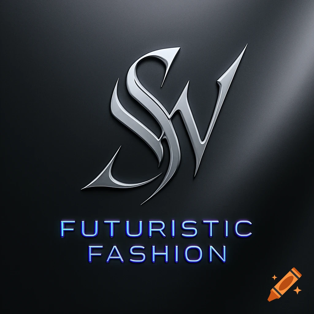 A chrome-silver 'SW' monogram logo above glowing blue text 'FUTURISTIC FASHION' on a dark background.