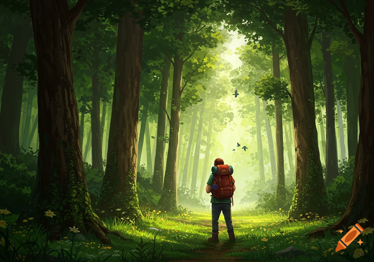 A person with a red backpack stands on a forest path, looking towards bright sunlight filtering through tall green trees.