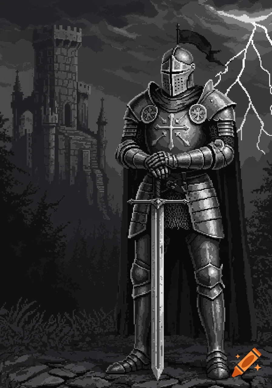 Pixel art of a medieval knight in full armor holding a sword, with a dark castle and lightning in the background, in black and white.