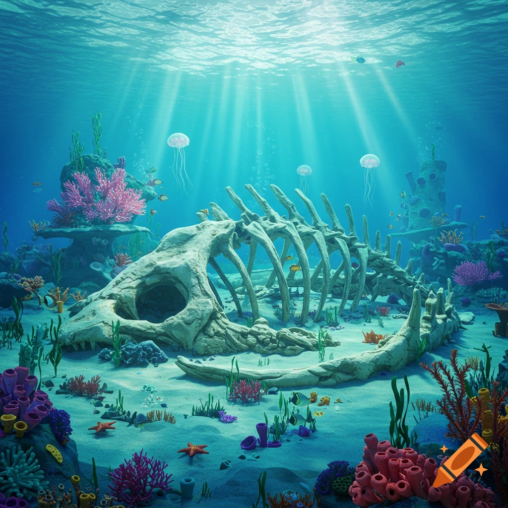A vibrant underwater scene with sun rays, featuring a large, stylized whale skeleton on the sandy seabed surrounded by colorful coral and fish.