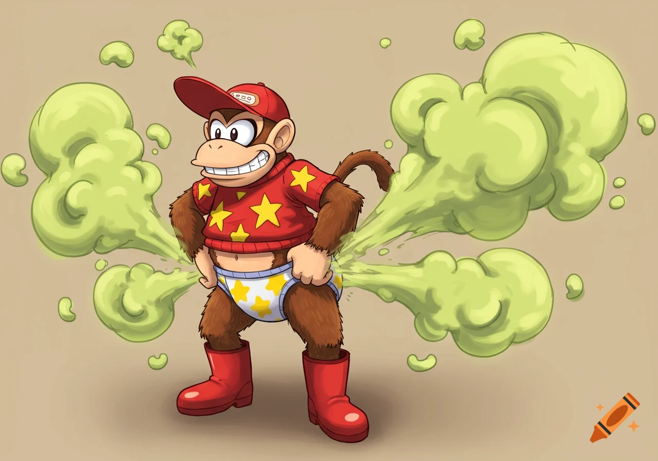 Cartoon Diddy Kong in a red sweater with yellow stars, a yellow and white diaper, and red boots, farting large green fumes.