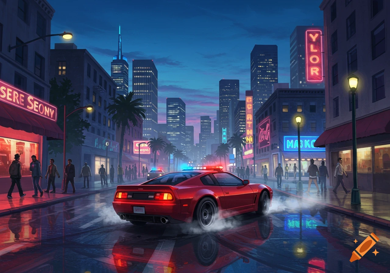 A stylized digital illustration of a red sports car speeding through a neon-lit city street at dusk, with a police car behind.