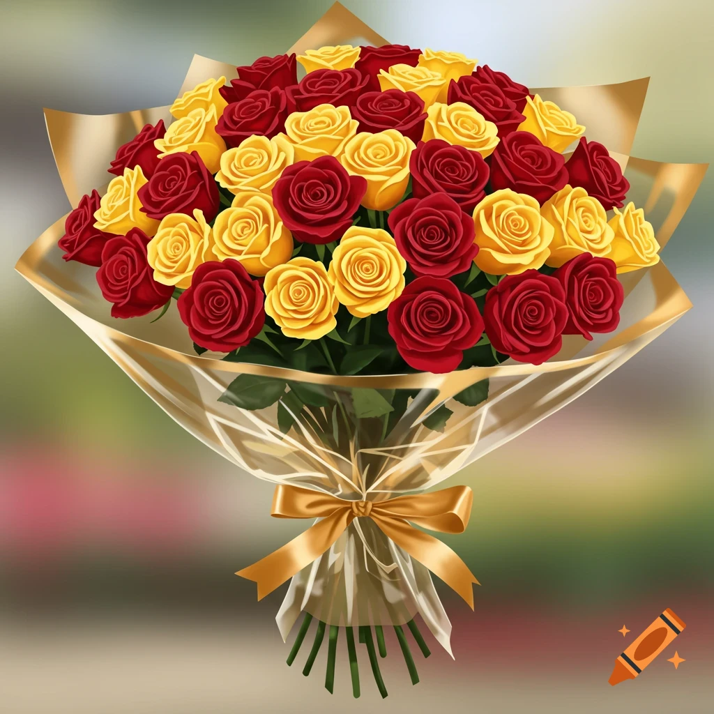 A vibrant bouquet of red and yellow roses, wrapped in gold and tied with a ribbon.