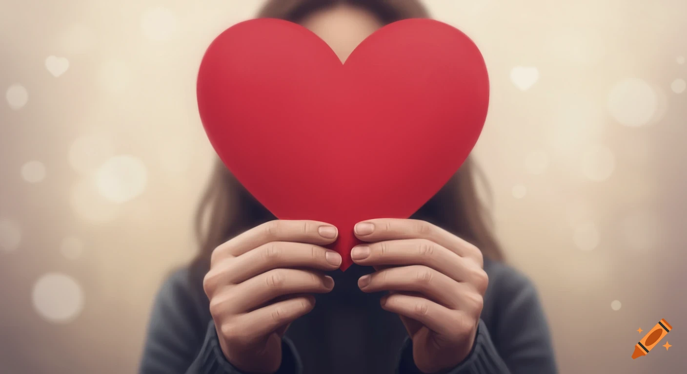 A blurred person holds a vibrant red heart covering their face, with a soft, warm bokeh background.