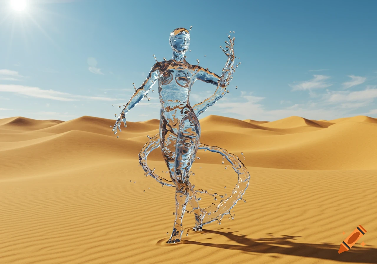A humanoid figure made of water stands in a sunlit desert under a clear blue sky, with ripples and splashes forming its body.